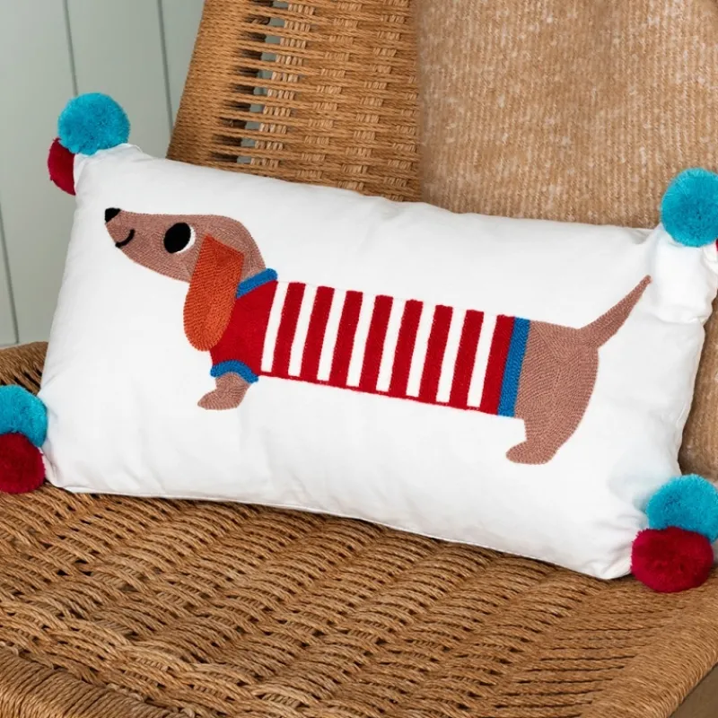 Rex London Embroidered cushion with pom poms - Sausage Dog Fashion