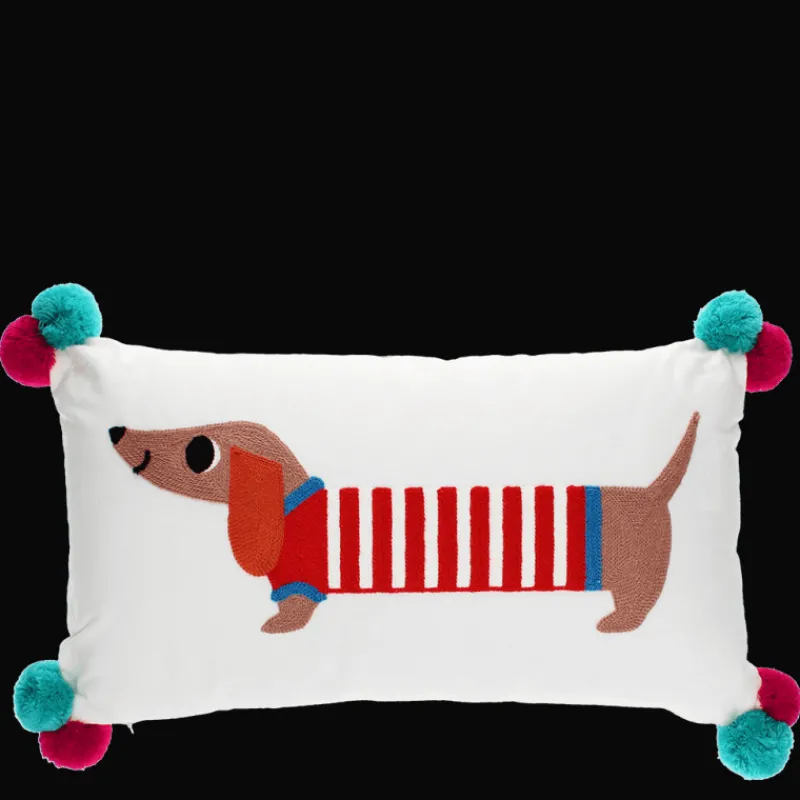Rex London Embroidered cushion with pom poms - Sausage Dog Fashion