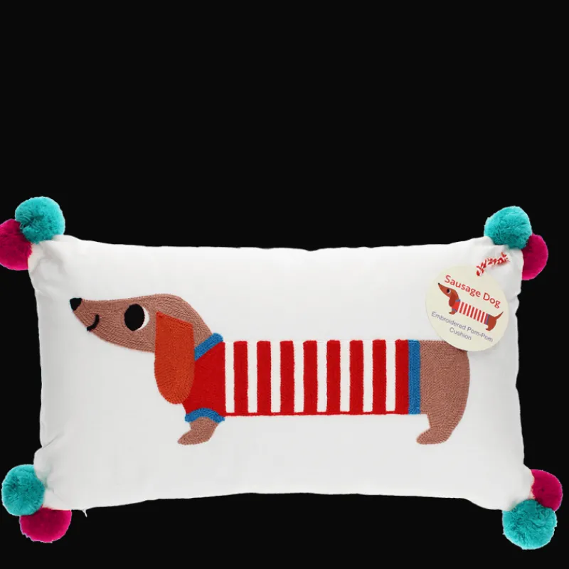 Rex London Embroidered cushion with pom poms - Sausage Dog Fashion
