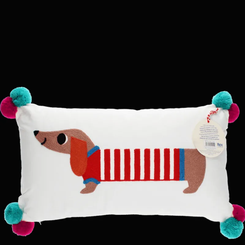 Rex London Embroidered cushion with pom poms - Sausage Dog Fashion