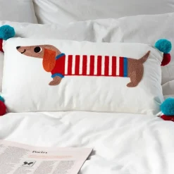 Rex London Embroidered cushion with pom poms - Sausage Dog Fashion