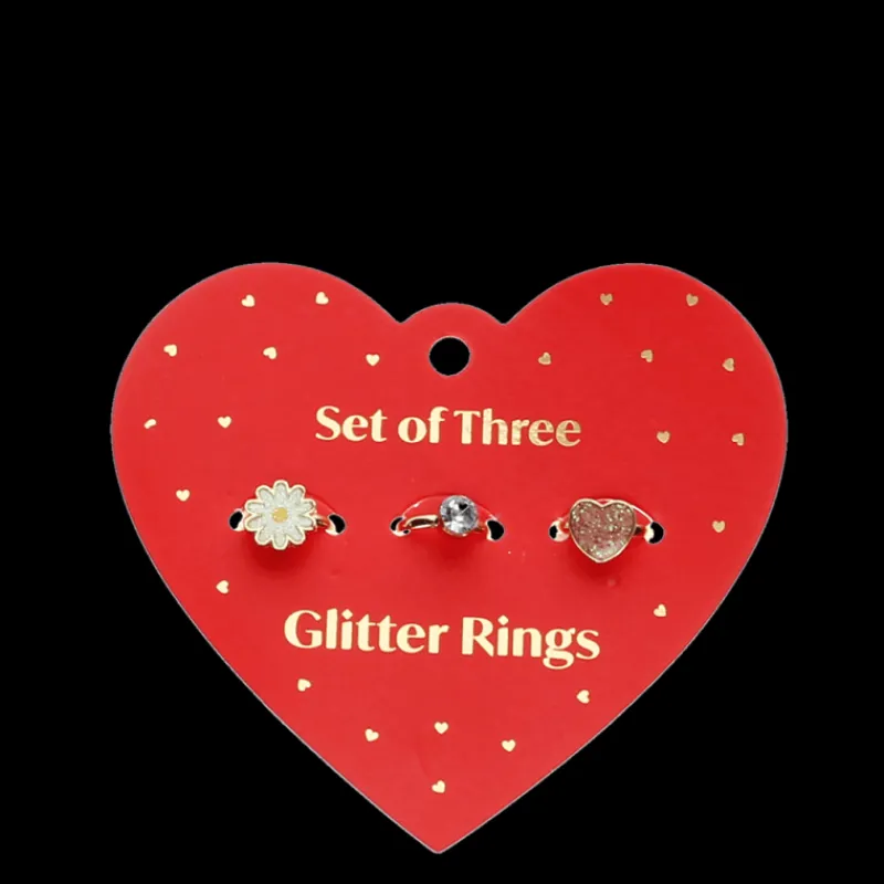 Rex London Glitter rings (set of 3) - Heart & flower Hot