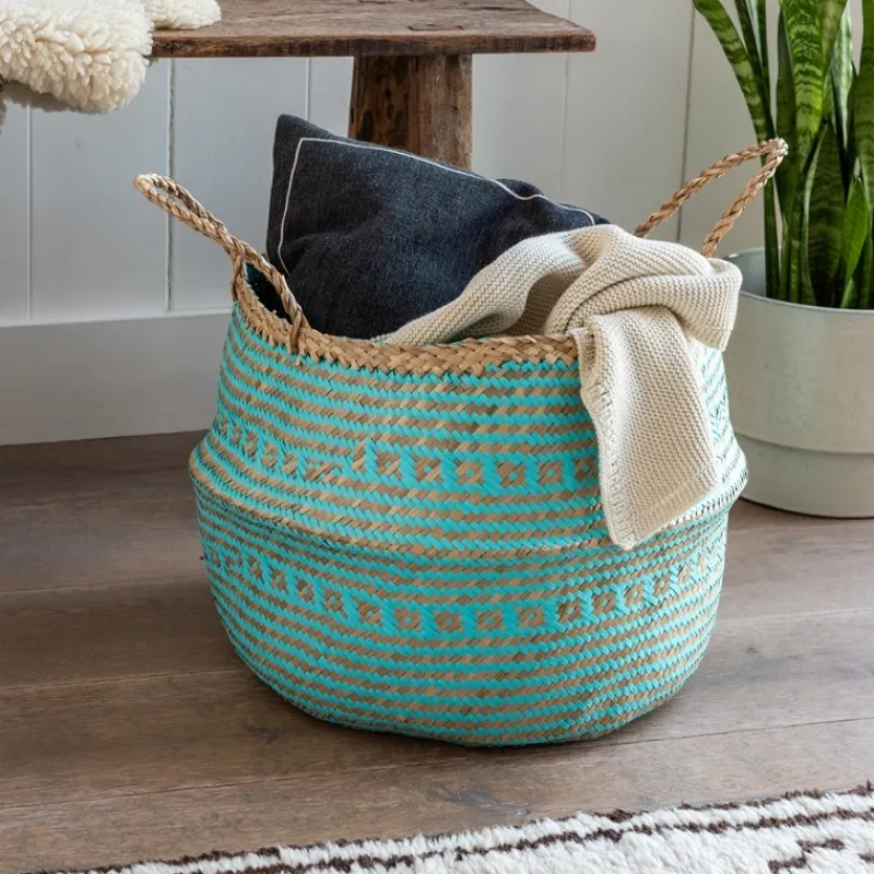 Rex London Large seagrass belly basket - Turquoise Hot