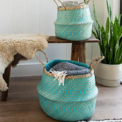 Rex London Large seagrass belly basket - Turquoise Hot