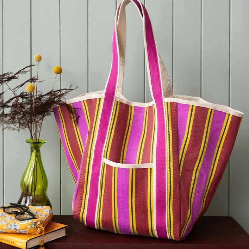 Rex London Recycled woven tote bag with canvas handles - Yellow, pink, red Fashion