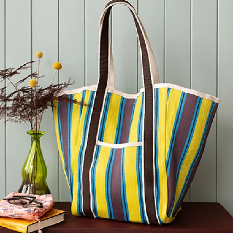 Rex London Recycled woven tote bag with canvas handles - Brown, yellow, teal Hot
