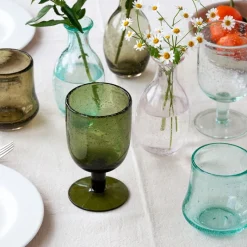 Rex London Stemmed Hand blown bubble glass - Olive green Clearance