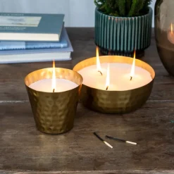Rex London 3-wick scented candle bowl - Gold tone hammered metal Clearance